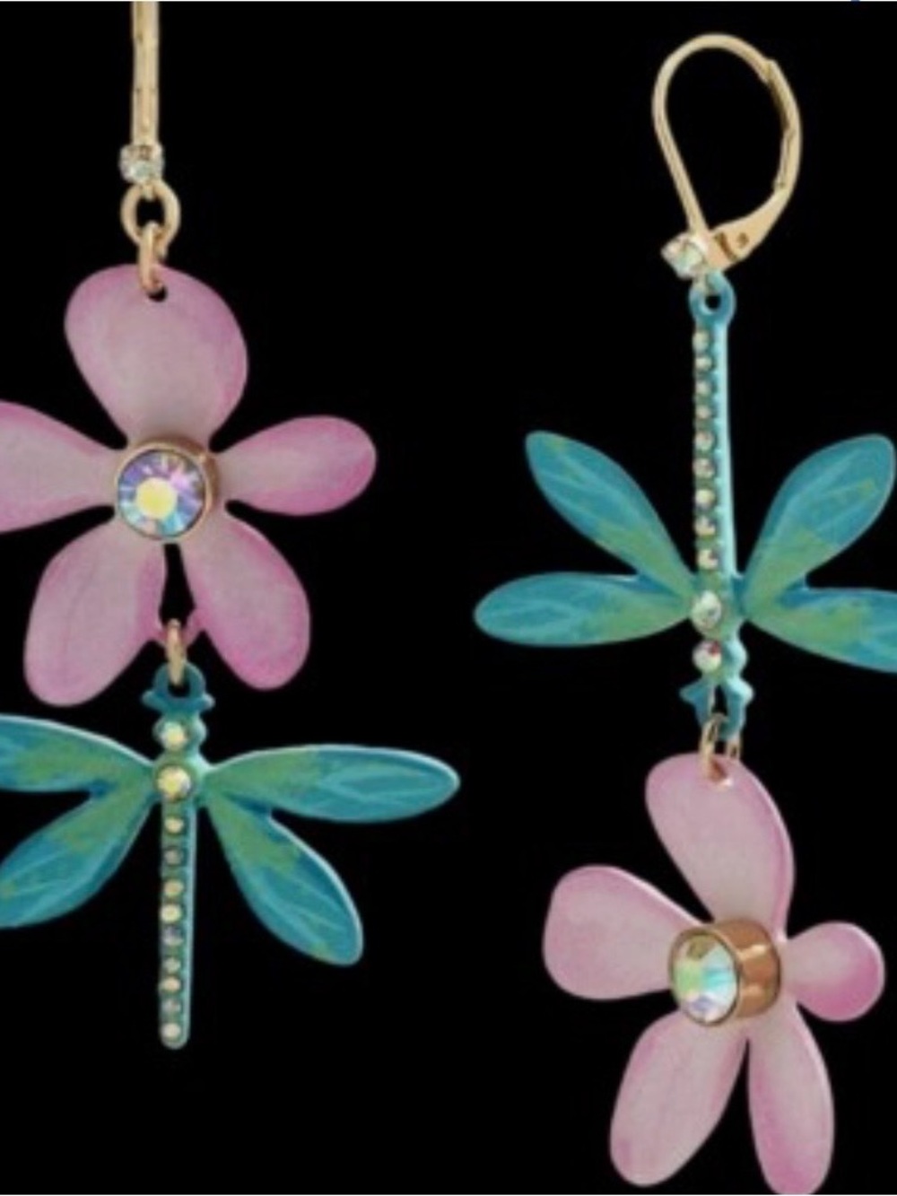 Betsey Johnson Dragonfly & Flower Mismatch Drop Earrings Pink & Blue NWT